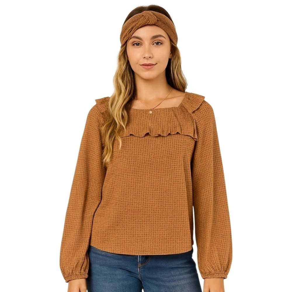 Hailey & Co Wmns M Waffle Knit Blouse Tan Boho Peasant Ruffle Bishop Sleeve USA